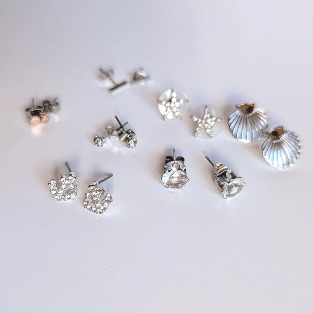 Mixed Stud Earring Set 7 Pairs Nautical Anchor Starfish‎ Shell Silver Tone
